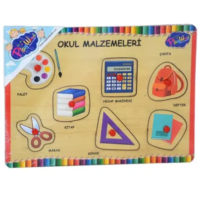 Ahşap Tutmalı Puzzle - Okul Malzemeleri (1)