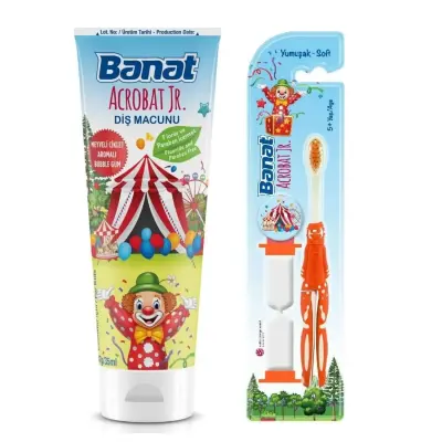 Banat Acrobat Jr Çocuk Diş Macunu 35 ml,Çocuk Diş Fırçası Kum Saatli Soft Acrobat Jr. 5+ Yaş - 1
