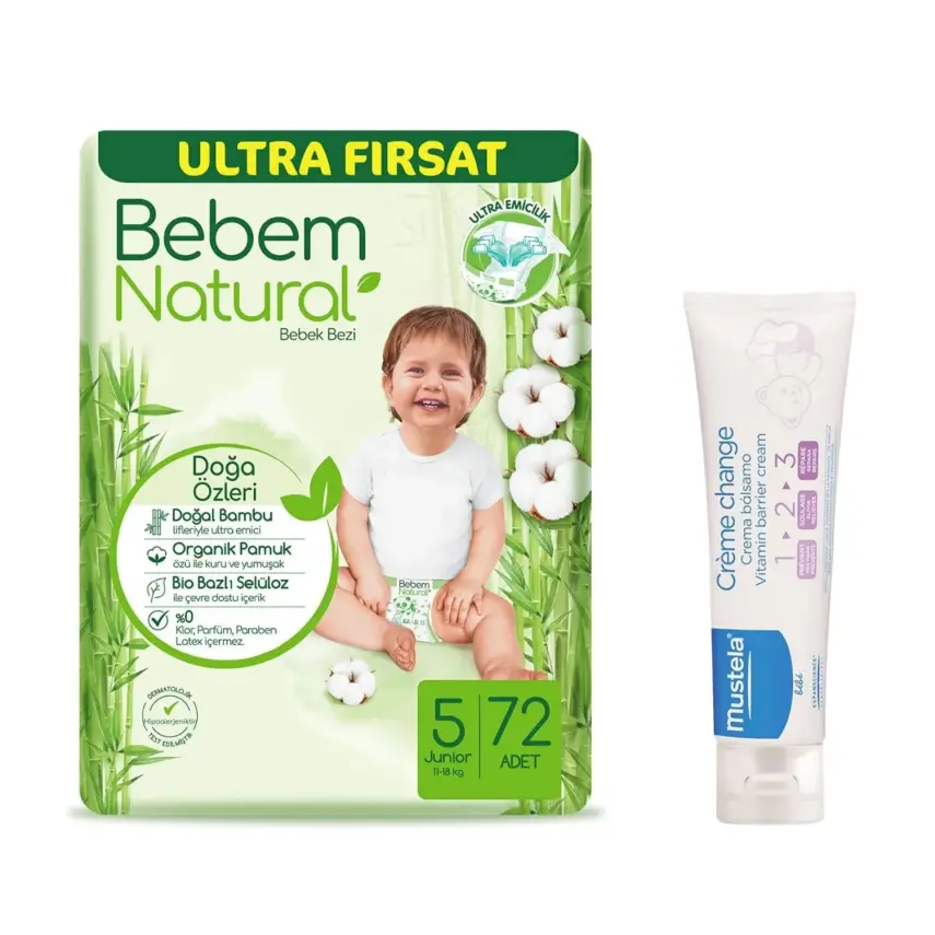 Bebem Natural Bebek Bezi 5 Beden Junior 11-18 Kg 72li Ultra Fırsat+Mustela Bebek Pişik Kremi 50 ml  - 1