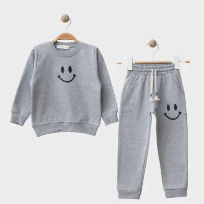 Bebolly 2Li Çocuk Takım Gülen Yüz Baskılı Gri Unisex