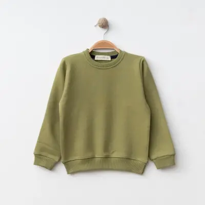 Bebolly Bisiklet Yaka Erkek Çocuk Sweatshirt Basic Üç İplik Şardonsuz Yeşil