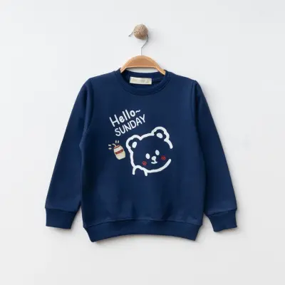 Bebolly Hello Sunday Ayıcıklı Baskılı Erkek Çocuk Sweatshirt Lacivert