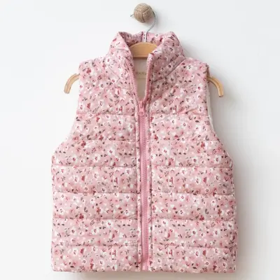 Bebolly Kız Yelek Çiçek Baskılı Pembe