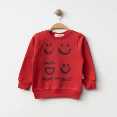 Bebolly Makes Me Smile Çocuk Sweatshirt Baskılı Unisex Kırmızı