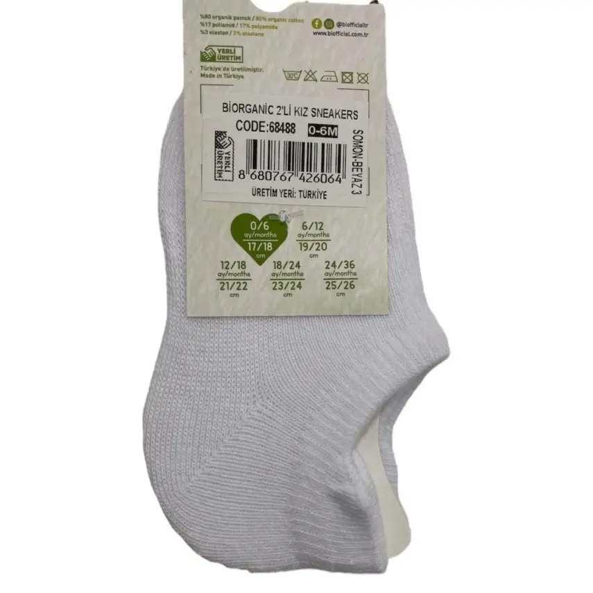 Bibaby Kız Organik Çorap Sneakers 2li Somon - Beyaz - 4