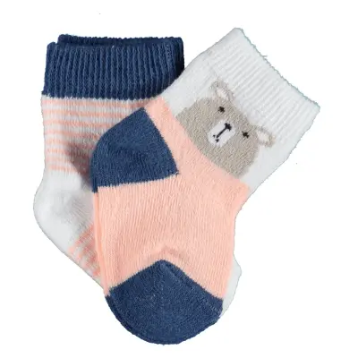 Bibaby Kız Organik Çorap Soket 2li Hello Teddy Bear Somon