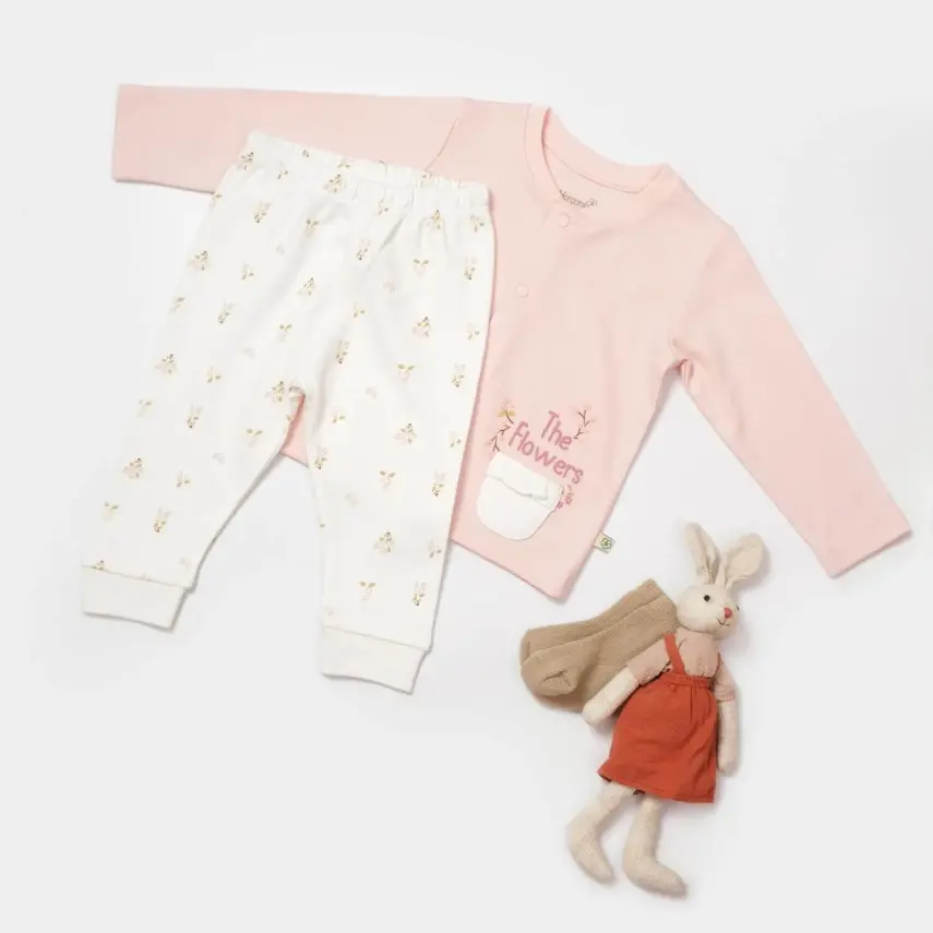 Bibaby Kız Organik Pijama Takımı The Flowers Ekru - Pembe - 3