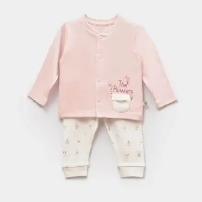Bibaby Kız Organik Pijama Takımı The Flowers Ekru - Pembe