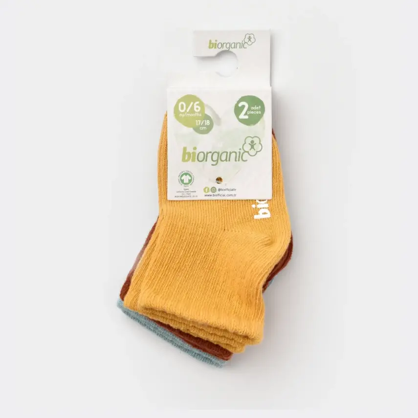 Bibaby Organik Çorap Soket 3lü Kaymaz Basic Tarçın -Nil - Hardal - 1