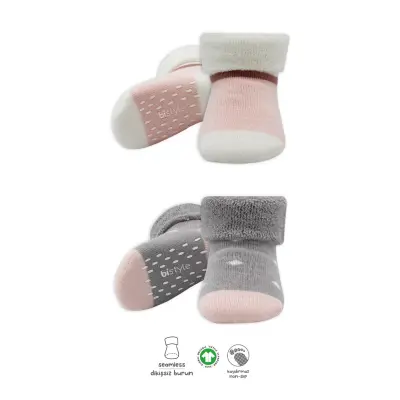 Bistyle Kız Çorap Soket Havlu 2li Kaymaz Point Girl Gri - Pudra