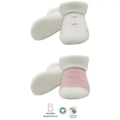 Bistyle Unisex Organik Çorap Soket Havlu 2li Kaymaz Çemberli Kıvrık Puanlı Pudra - Ekru