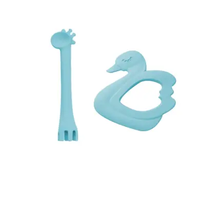 BM Care Silikon Çatal Kaşık Zürafa, Kuğu Diş Kaşıyıcı Mavi 2li Set