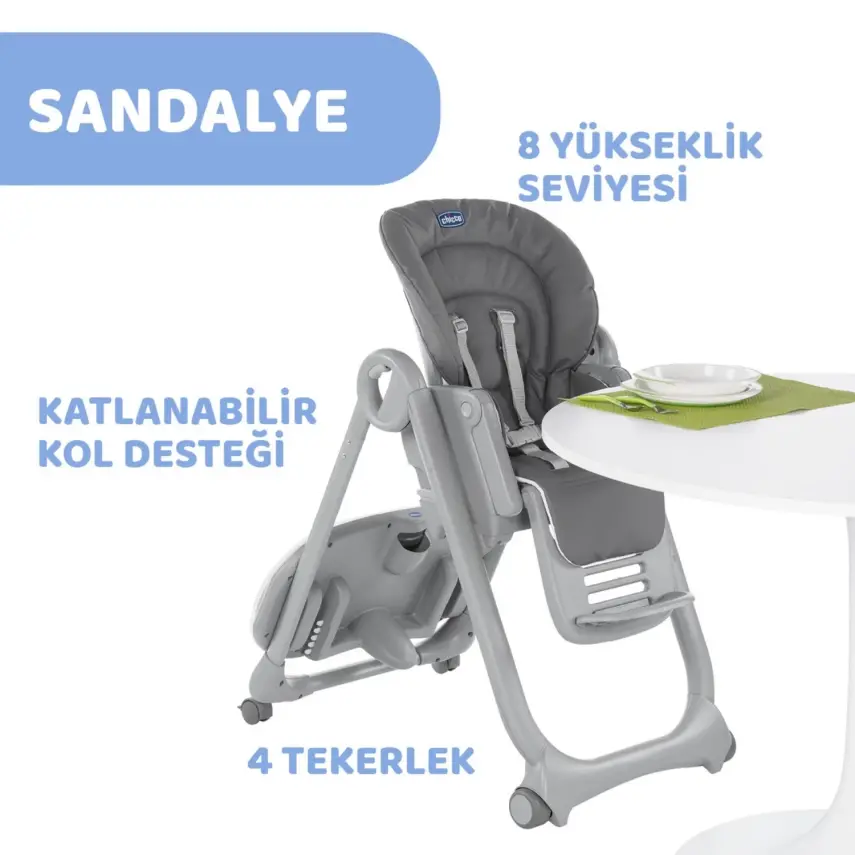 Chicco Polly Magic Fonksiyonel Mama Sandalyesi 5 Noktalı Emniyet Kemerli  Kaymaz Ayaklı 8 Kademeli Yükseklik Ayarlı 6 Ay – 15 kg Dark Grey - 5