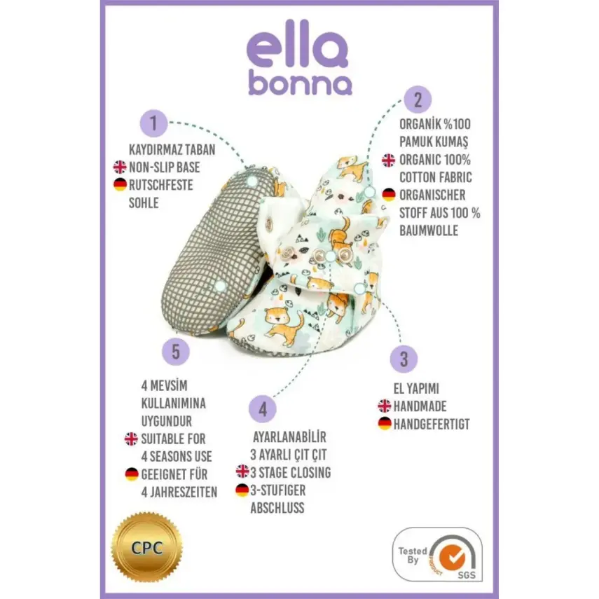 Ella Bonna Unisex Ev Botu Organik Pamuk Kaydırmaz Taban Kedi - 12