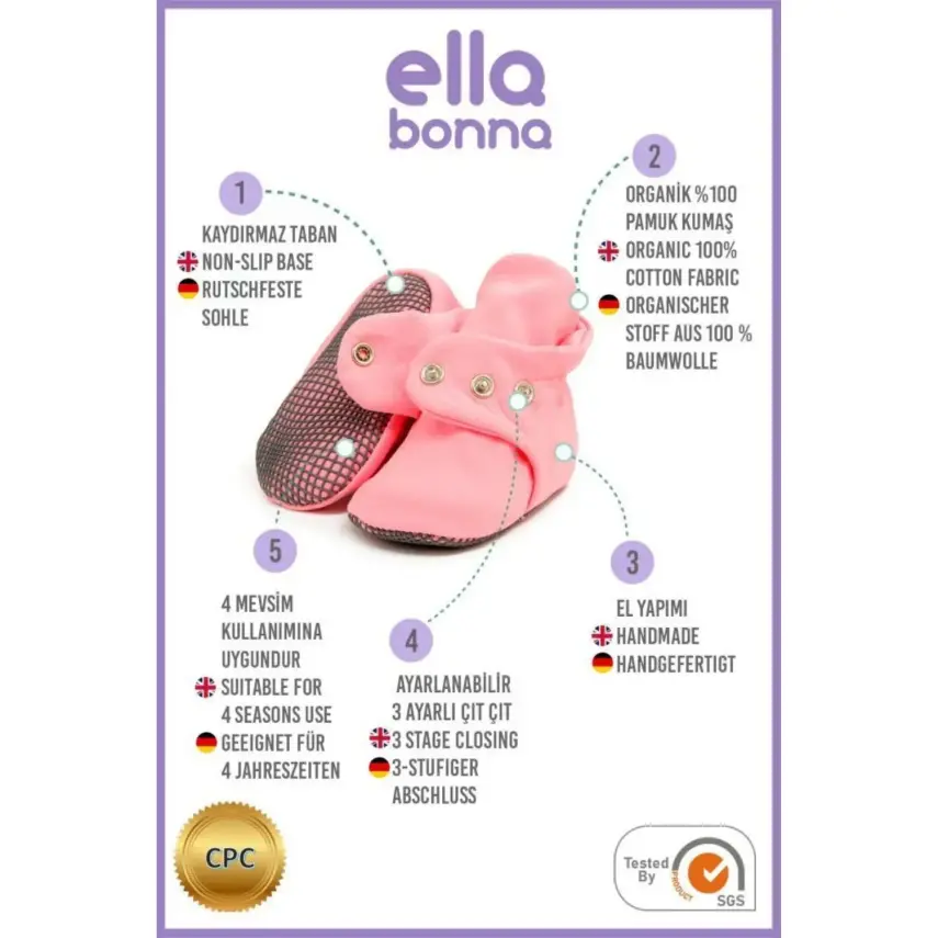 Ella Bonna Unisex Ev Botu Organik Pamuk Kaydırmaz Taban Pembe - 3