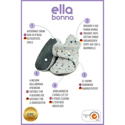 Ella Bonna Unisex Ev Botu Organik Pamuk Kaydırmaz Taban Yıldızlı Gri - 4