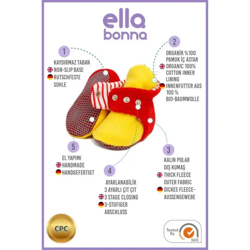 Ella Bonna Unisex Panduf Kaydırmaz Taban Sarı - Kırmızı - 4