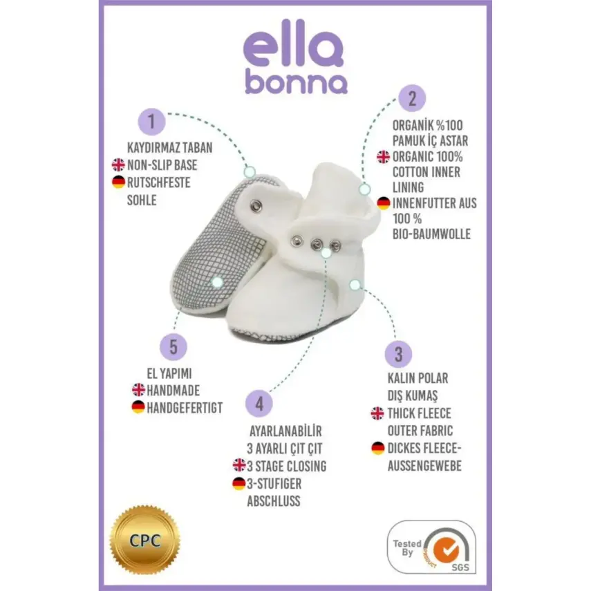 Ella Bonna Unisex Panduf Organik Pamuk Kaydırmaz Taban Beyaz - 12