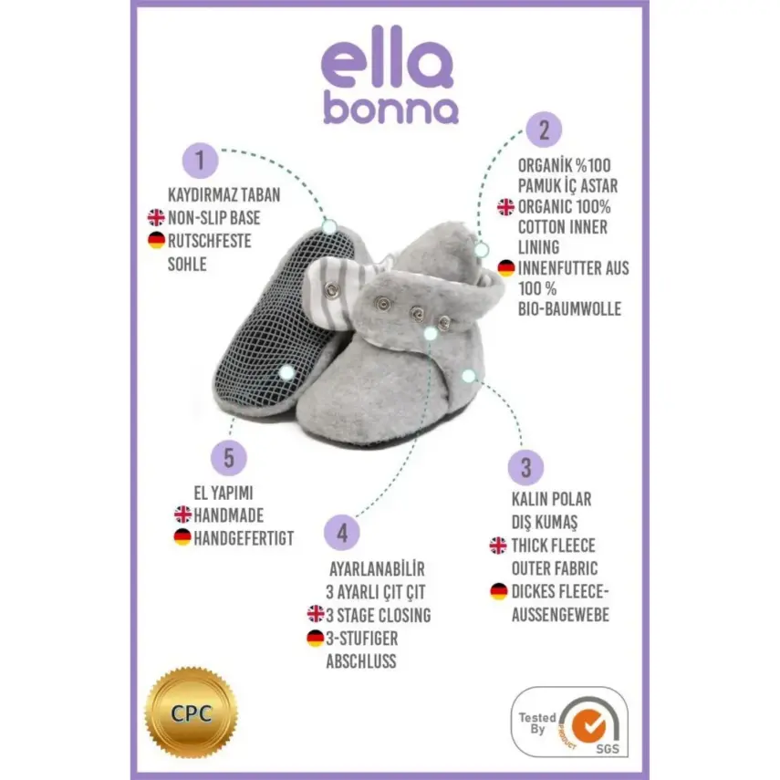 Ella Bonna Unisex Panduf Organik Pamuk Kaydırmaz Taban Gri - 3