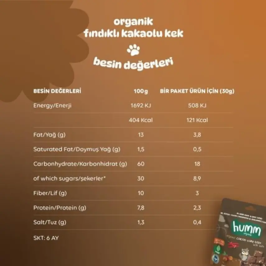 Humm Organik Glutensiz Vegan Kakaolu ve Fındıklı Kek 30 gr - 7