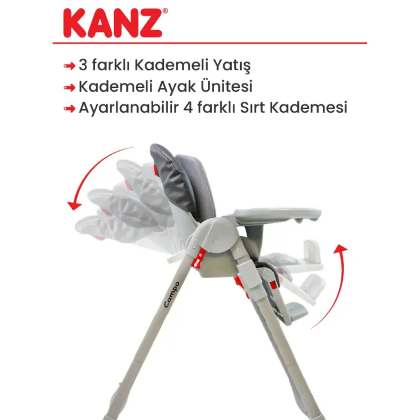 Kanz Campo Mama Sandalyesi Portatif Kolay Katlanır Yükseklik Ayarlı Tekerlekli İç Pedli  Dark Grey - 6