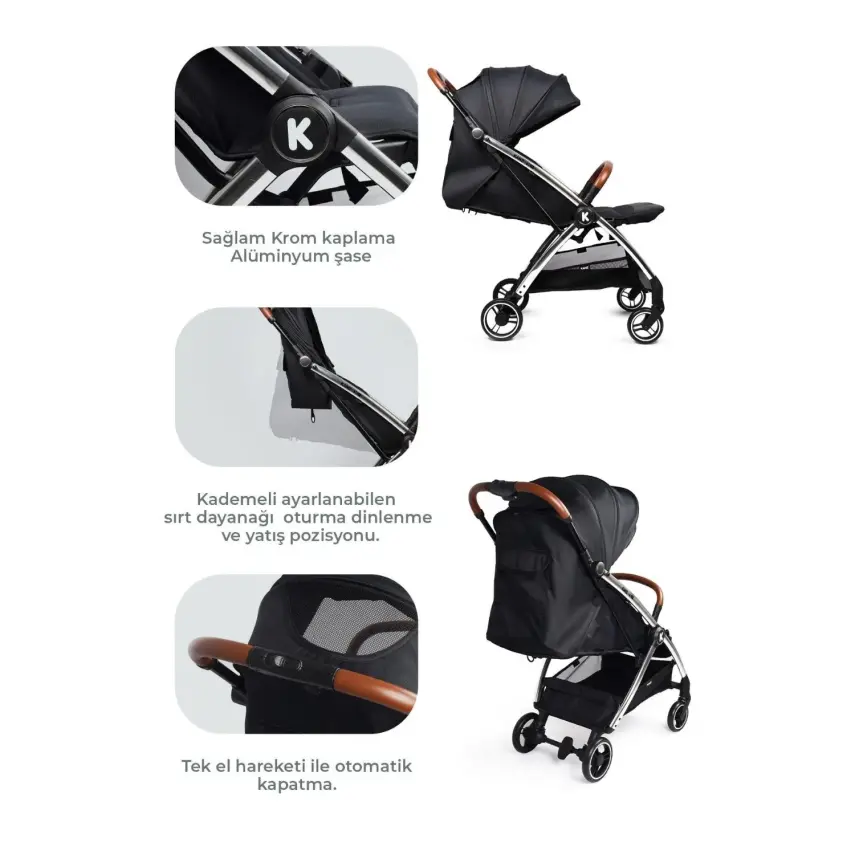 Kanz Xflip Tek Elle Kapanabilir Kompakt Travel Sistem Bebek Arabası Deeply Black - 6