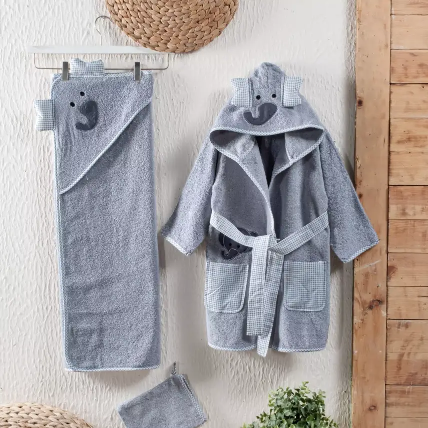 Kidboo Bornoz Seti 3lü Fil Gri - 1