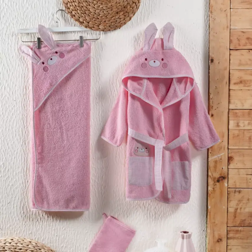 Kidboo Bornoz Seti 3lü Tavşan Pembe - 1