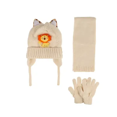 Kitti Erkek Çocuk  Eldiven Atkı Bere Takım 1-4Yaş Beyaz  