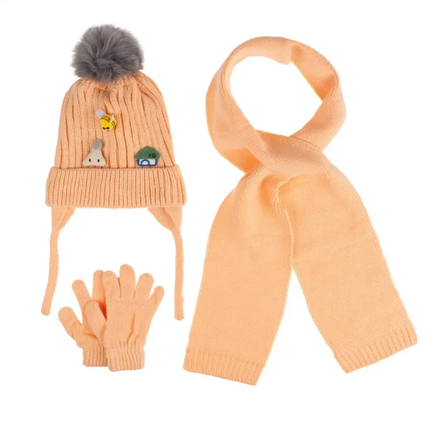 Kitti Kız Bebek Eldiven Atkı Bere Takım 1-4Yaş Şeftali  - 1