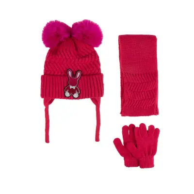 Kitti Kız Çocuk Eldiven Atkı Bere Takım 1-4Yaş Fuşya