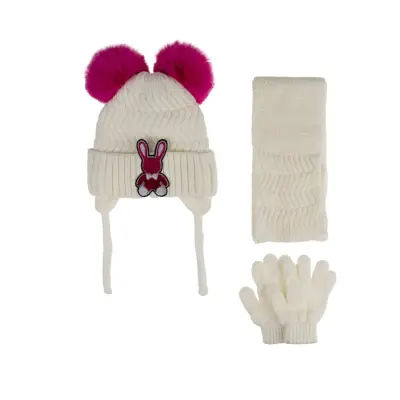 Kitti Kız Çocuk Eldiven Atkı Bere Takım 1-4Yaş Krem