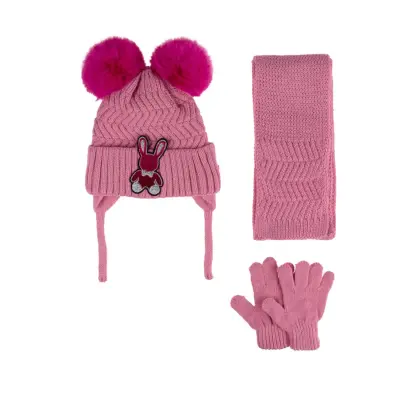 Kitti Kız Çocuk Eldiven Atkı Bere Takım 1-4Yaş Pembe