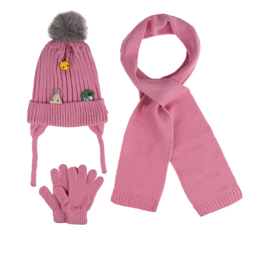 Kitti Kız Çocuk Eldiven Atkı Bere Takım 1-4Yaş Pembe - 1