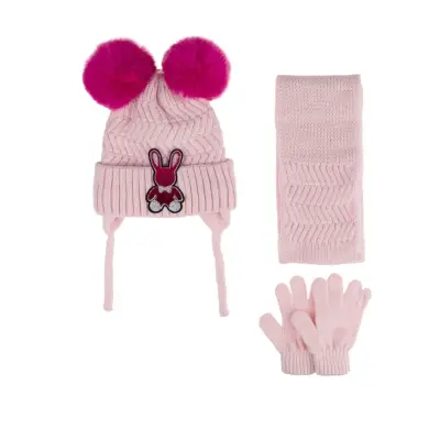 Kitti Kız Çocuk  Eldiven Atkı Bere Takım 1-4Yaş Soft Pembe 