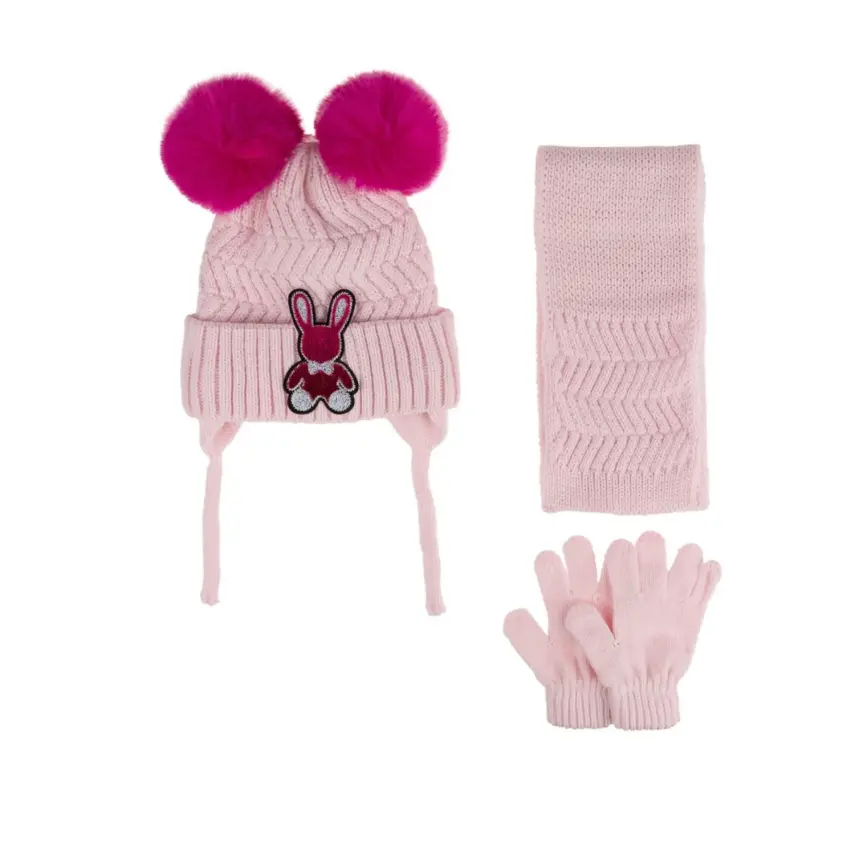 Kitti Kız Çocuk Eldiven Atkı Bere Takım 1-4Yaş Soft Pembe - 1