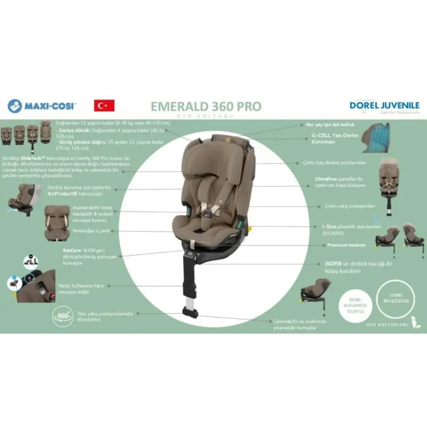 Maxi-Cosi Emerald 360 Pro I-size Araç Dışına Çıkabilen Isofix'li Dönebilir Yatabilir Slidetech Oto Koltuğu 0-36 Kg Authentic Truffle - 11
