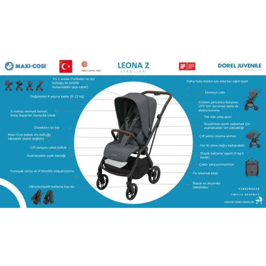 Maxi-Cosi Leona2 Çift Yönlü Tek Elle Katlanabilir Bebek Arabası Twillic Graphite - 4