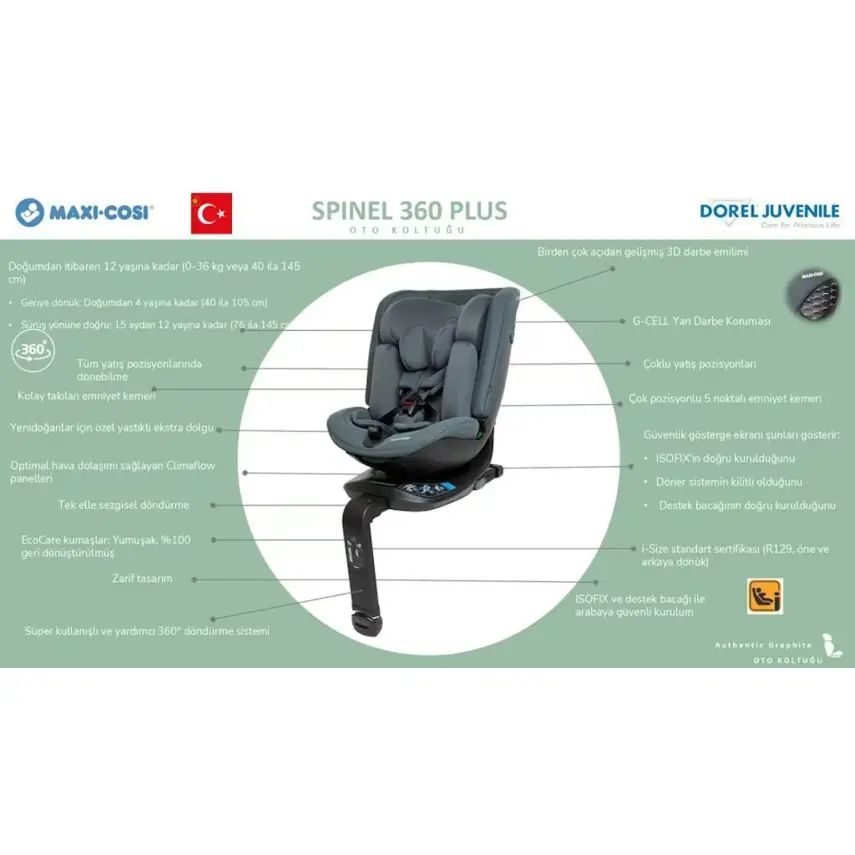 Maxi-Cosi Spinel Plus i-Size Dijital Göstergeli 360 Dönebilen Yatabilen Isofix'li 0-36 kg Oto Koltuğu Raven - 6