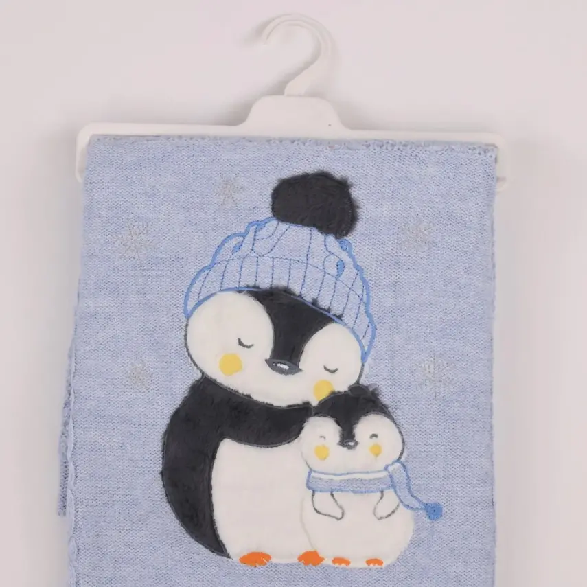 Mini Damla Battaniye Triko Penguen Nakışlı 80x100cm Mavi - 1