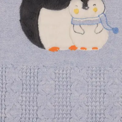Mini Damla Battaniye Triko Penguen Nakışlı 80x100cm Mavi - 5
