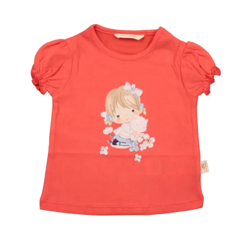 Mini Damla Çocuk T-Shirt Kedili Kız Nar Çiçeği - 1