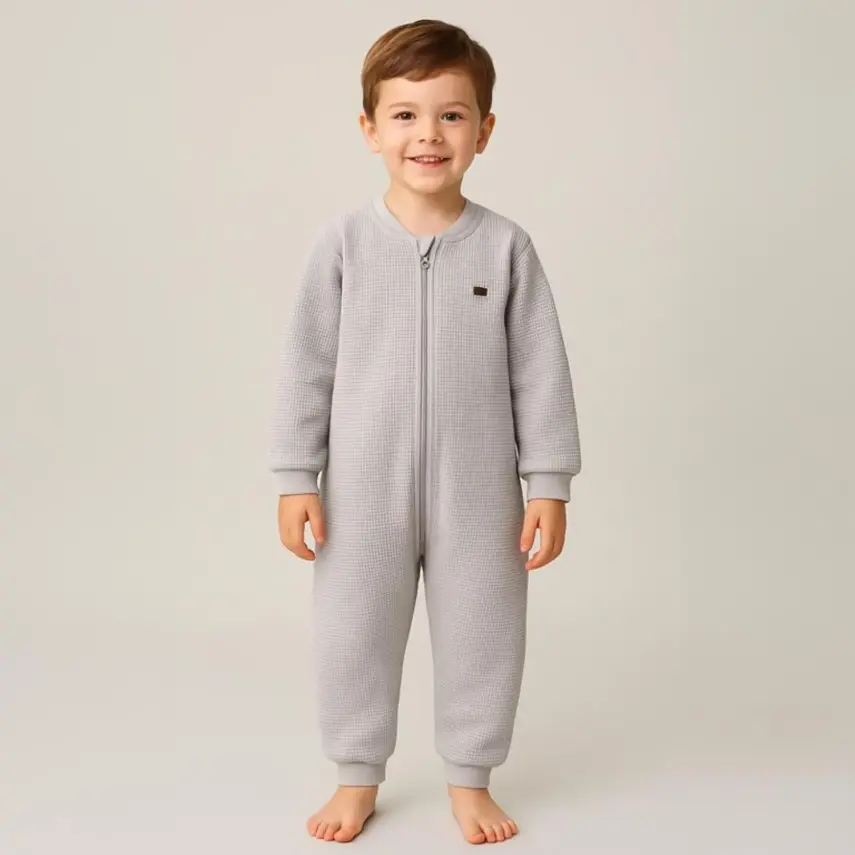 Moi Noi Fermuarlı Uzun Kollu Kışlık Uyku Tulum Waffle Gri 2,5 Tog - 1