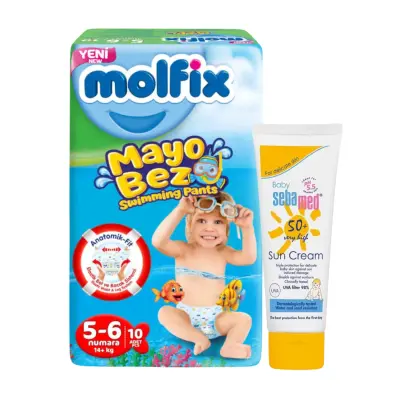 Molfix 5-6  Beden Mayo Külot Bebek Bezi (14+ kg) ve Sebamed 50 Faktör Bebek Güneş Kremi  75 ml 