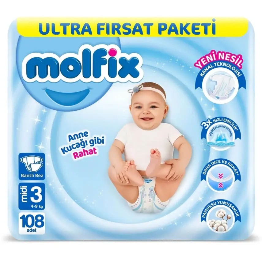 Molfix Bebek Bezi 3D 3 Beden Midi 4-9 Kg 108li Ultra Fırsat Paketi - 1