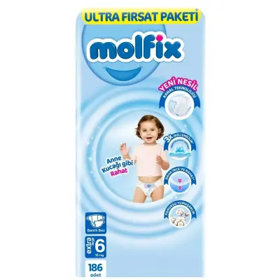 Molfix Bebek Bezi 3D 6 Beden Extra Large 15+ Kg Ultra Fırsat Paketi 186lı