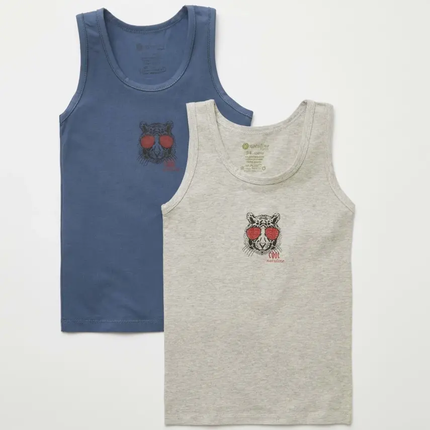 Natuline Organik Erkek Bebek Atleti Likralı Cool Tiger 2li İndigo - Gri Melanj - 16