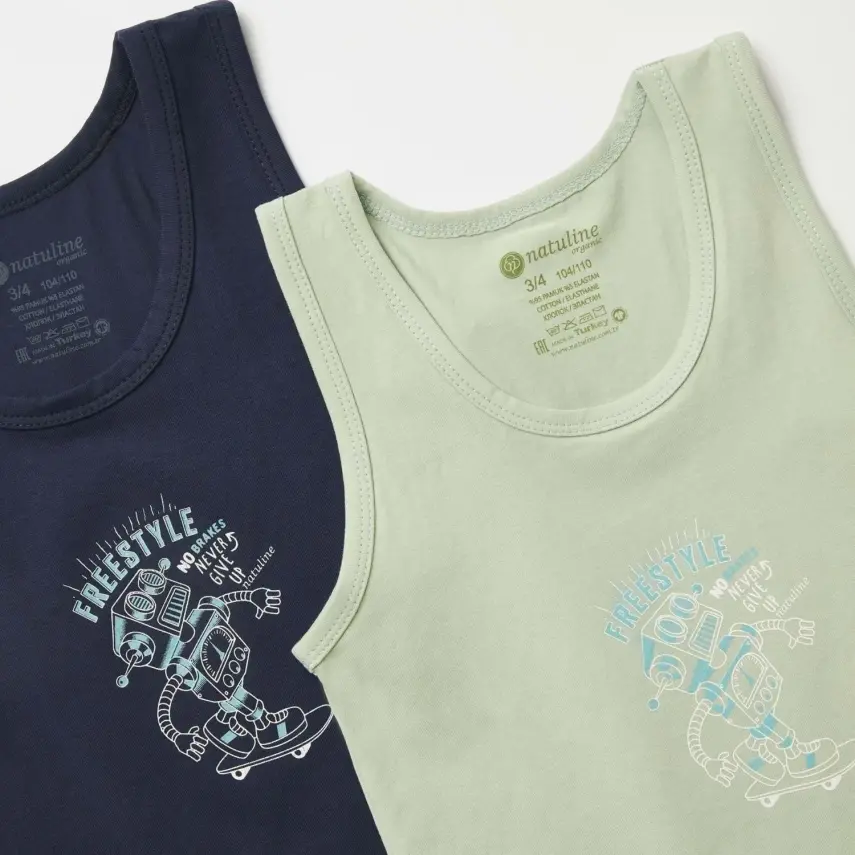 Natuline Organik Erkek Bebek Atleti Likralı Freestyle Robot 2li Çağla Yeşili - Lacivert - 13
