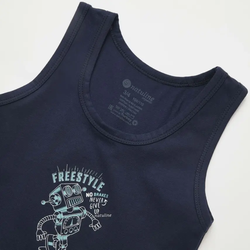 Natuline Organik Erkek Bebek Atleti Likralı Freestyle Robot 2li Çağla Yeşili - Lacivert - 5