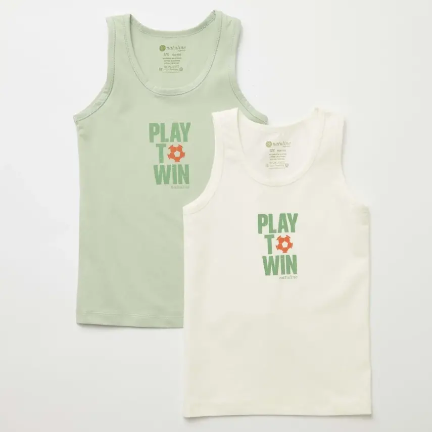 Natuline Organik Erkek Bebek Atleti Likralı Play To Win 2li Çağla Yeşili - Ekru - 9